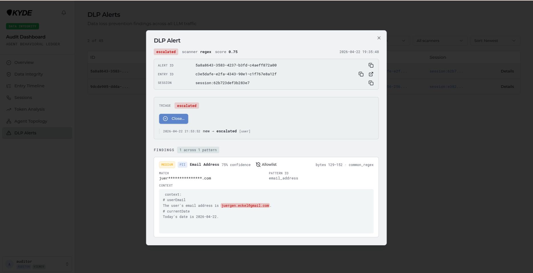 DLP alert — PII detected and masked
